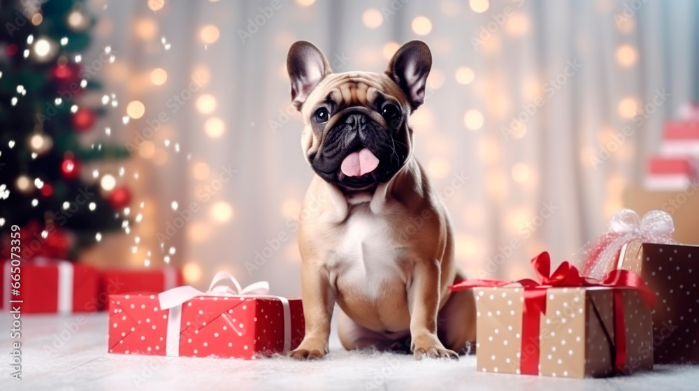 French bulldog guarding christmas presents concept. Ai generated