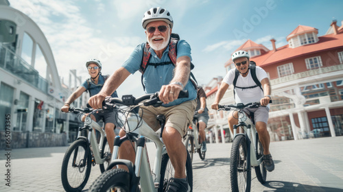 Group of senior men exercise on bicycles to stay healthy and active.