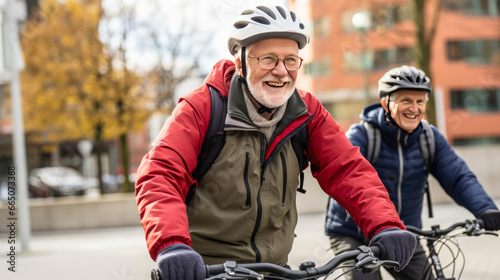 Group of senior men exercise on bicycles to stay healthy and active.