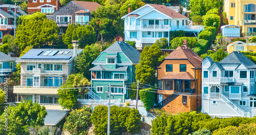 Papier peint Aerial houses on a hillside close up of six multistory homes
