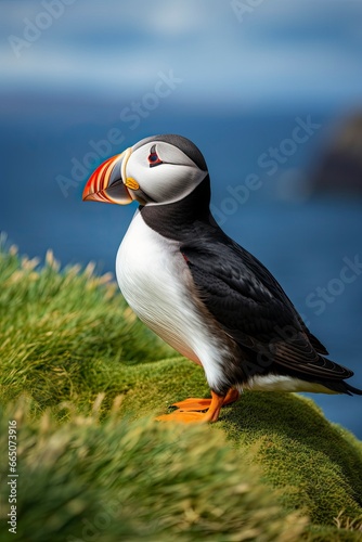 Puffin bird on a green grass patch.