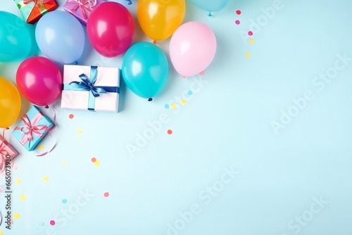 Birthday background with a balloons  gift boxes and a copy space. AI generative