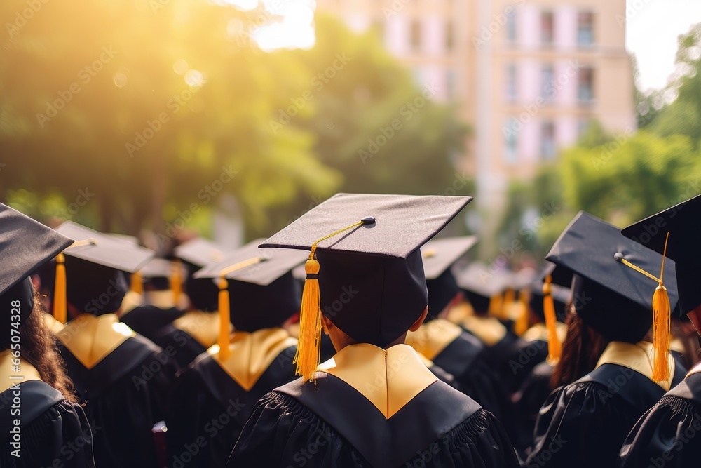 A joyful celebration of academic achievement with graduates wearing traditional caps and gowns