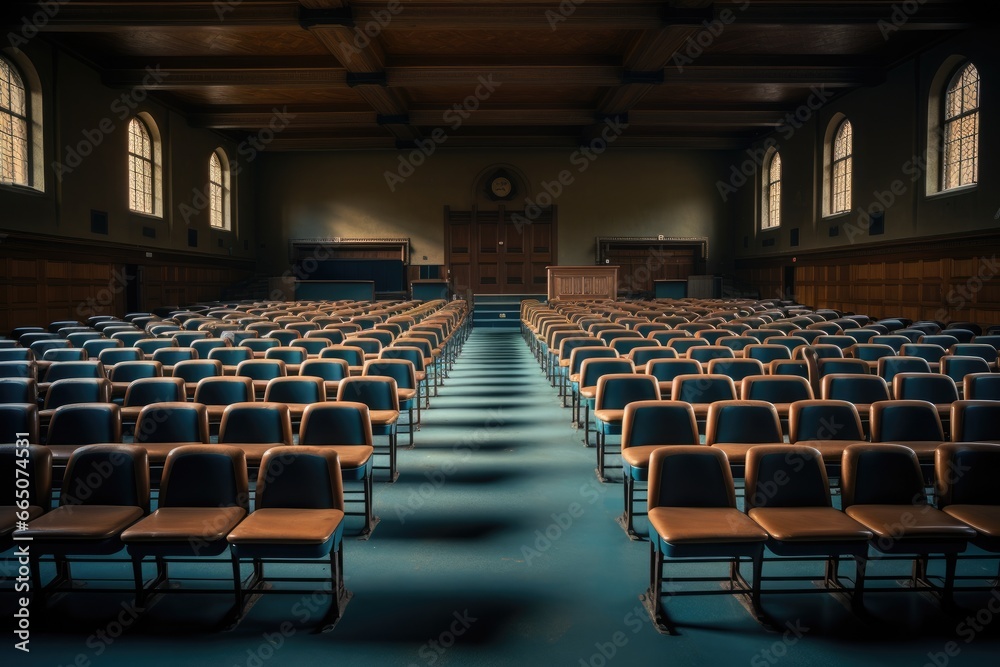 An empty auditorium with rows of chairs An empty auditorium with rows of chairs