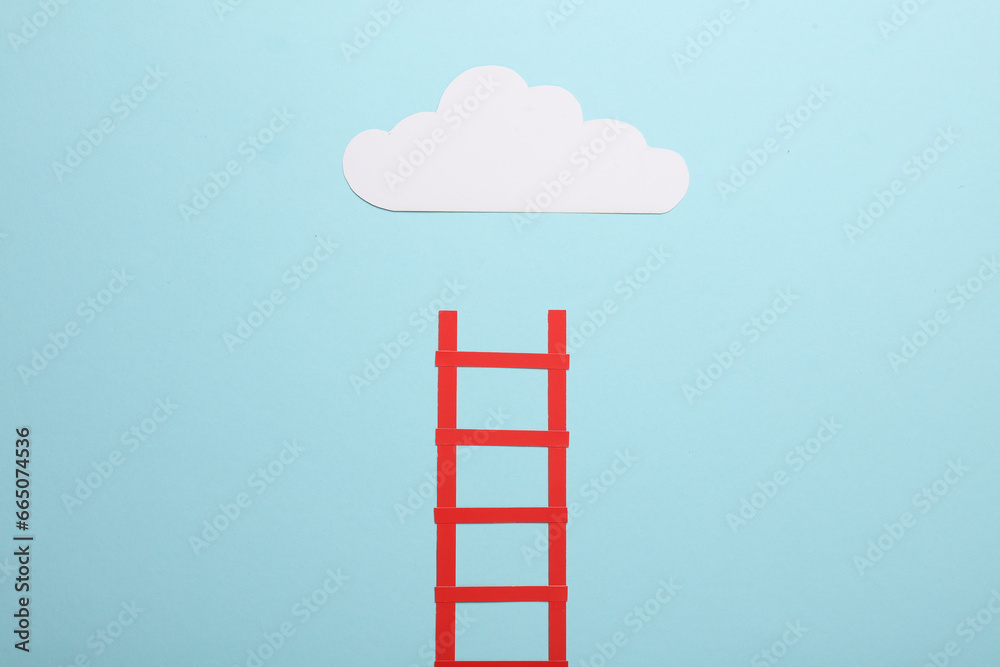 Paper stairs and cloud on blue background. Dreaming, goals, business concept. Paper stairs and cloud on blue background. Dreaming, goals, business concept.