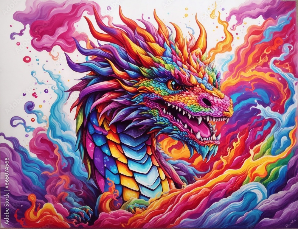 Rainbow chinese dragon on fire, ai generated Rainbow chinese dragon on fire, ai generated