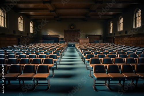 An empty auditorium with rows of chairs