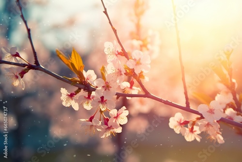 Spring blossom background. Nature scene with blooming tree and sun flare. © Moinul