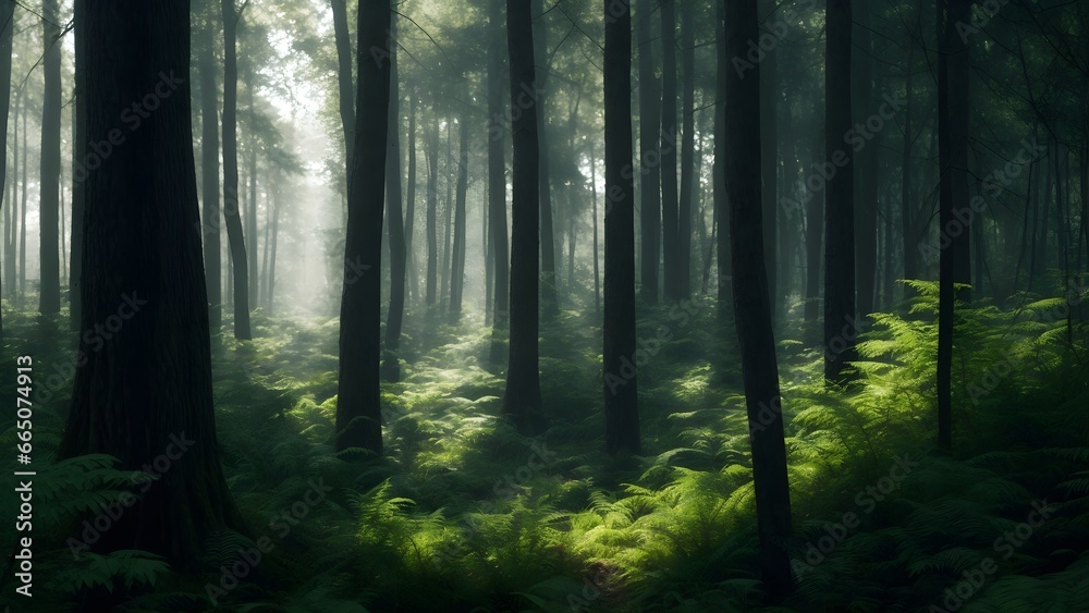 Forest in the morning. Landscape of an idyllic forest with ferns during sunrise.