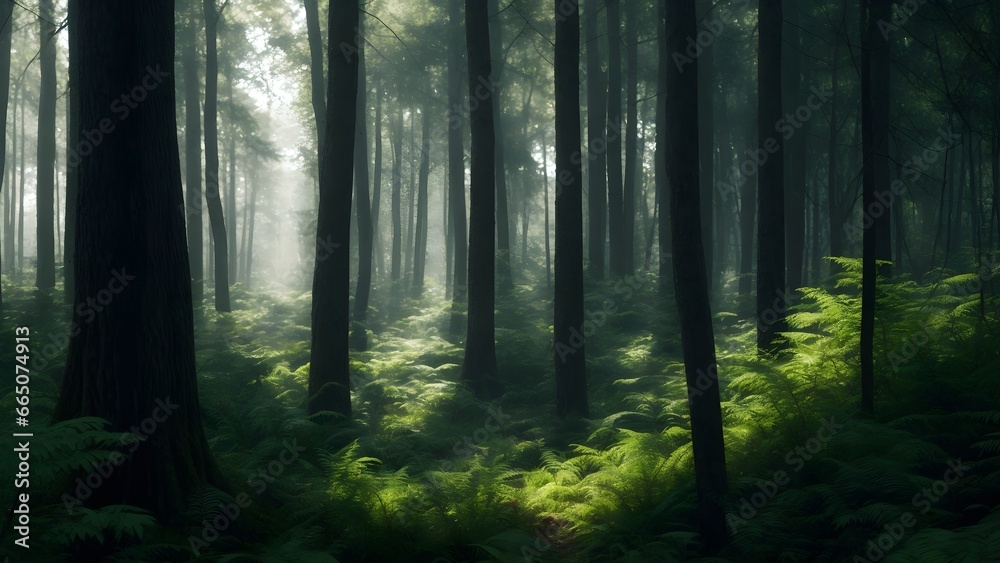Forest in the morning. Landscape of an idyllic forest with ferns during sunrise. Forest in the morning. Landscape of an idyllic forest with ferns during sunrise.