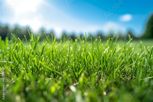Close-up of vibrant lawn under sunny sky with selective focus. Generative AI