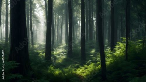 Forest in the morning. Landscape of an idyllic forest with ferns during sunrise.
