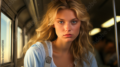 Blonde, blue-eyed woman sitting in train.