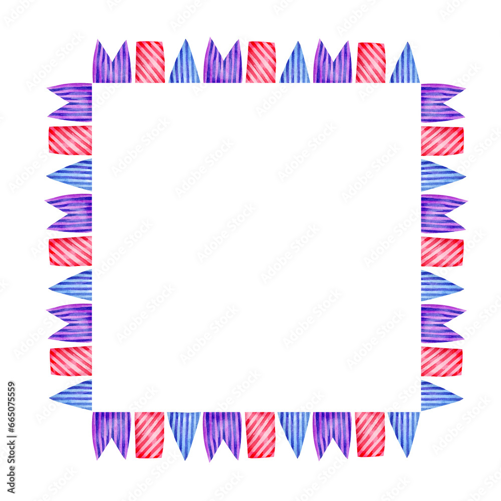 Fototapeta premium Watercolor square frame with different striped flags, hand drawn illustration of garland of blue, magenta, purple flags isolated on white background.
