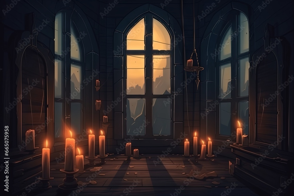 Abandoned chapel in candlelight, art style