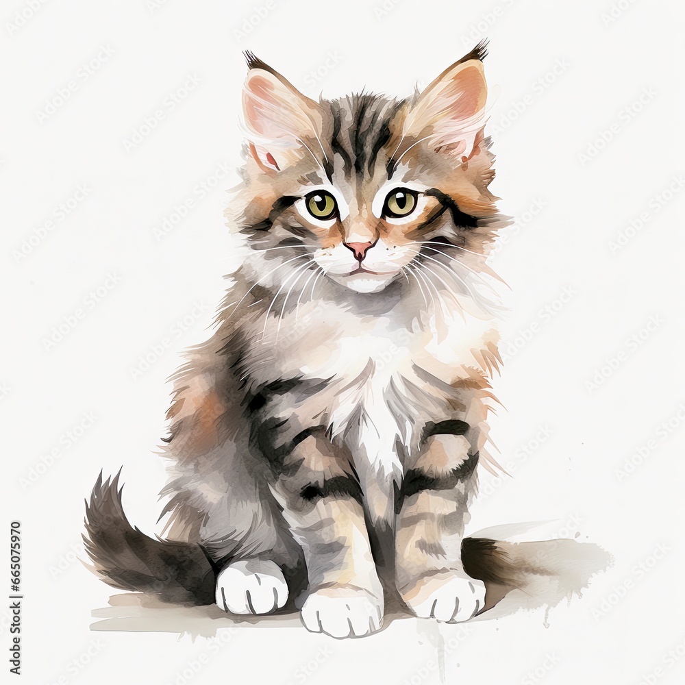 Watercolor cat clip art on white background.