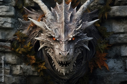 A detailed sculpture of a fierce dragon head mounted on a wall © pham