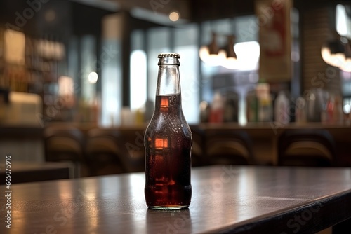 Fizzy soda glass bottle on bar counter, beverage symbol.