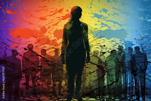 Dreamy woman silhouette on centre and people silhouettes on backside with black and green pattern on rainbow background