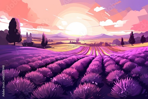 Lavender field at sunset, art style