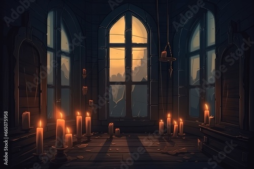 Abandoned chapel in candlelight, art style