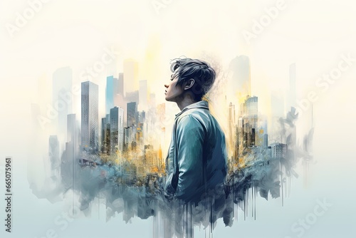 Watercolor illustration of person in surreal cityscape