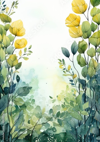 Floral frame with green leaves on white background.