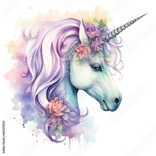 Watercolor fantasy unicorn clip art.