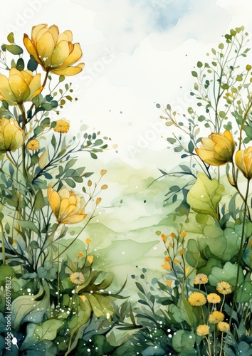 Floral frame with green leaves on white background.