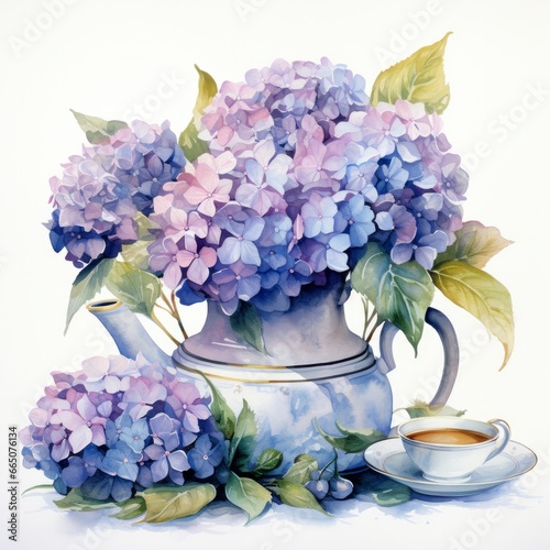 Watercolor hydrangeas in teapot isolated on white background.