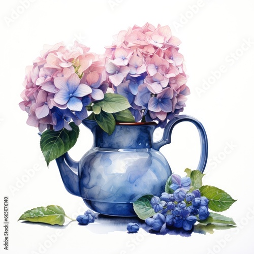 Watercolor hydrangeas in teapot isolated on white background.