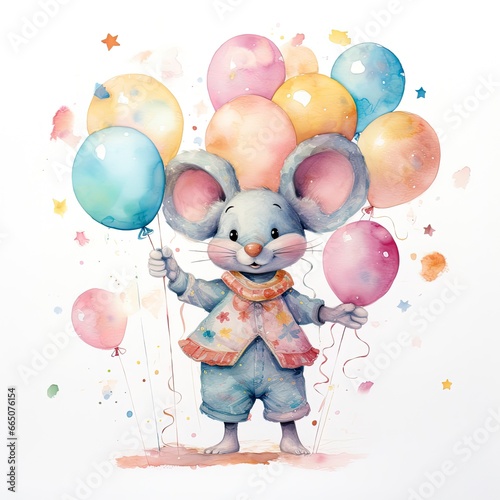 Watercolor mouse with balloons.