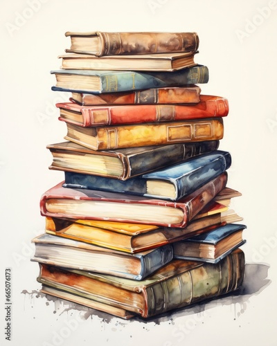 Watercolor pile of books isolated on white background.
