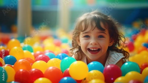 little girl playing with balls of many colors on sunny day