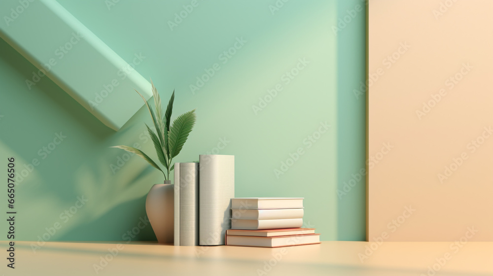 Stack of Books on minimalism green brown background with vase plant and copy space Stack of Books on minimalism green brown background with vase plant and copy space