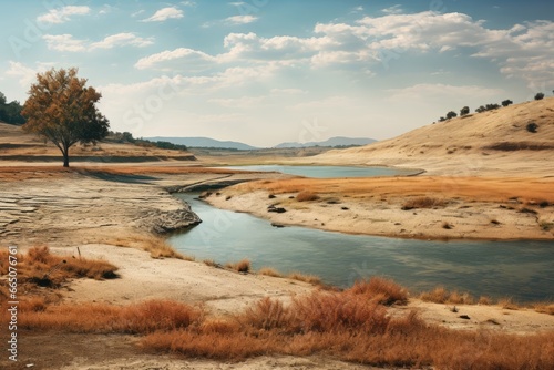 A serene landscape with a flowing river and golden grassy fields