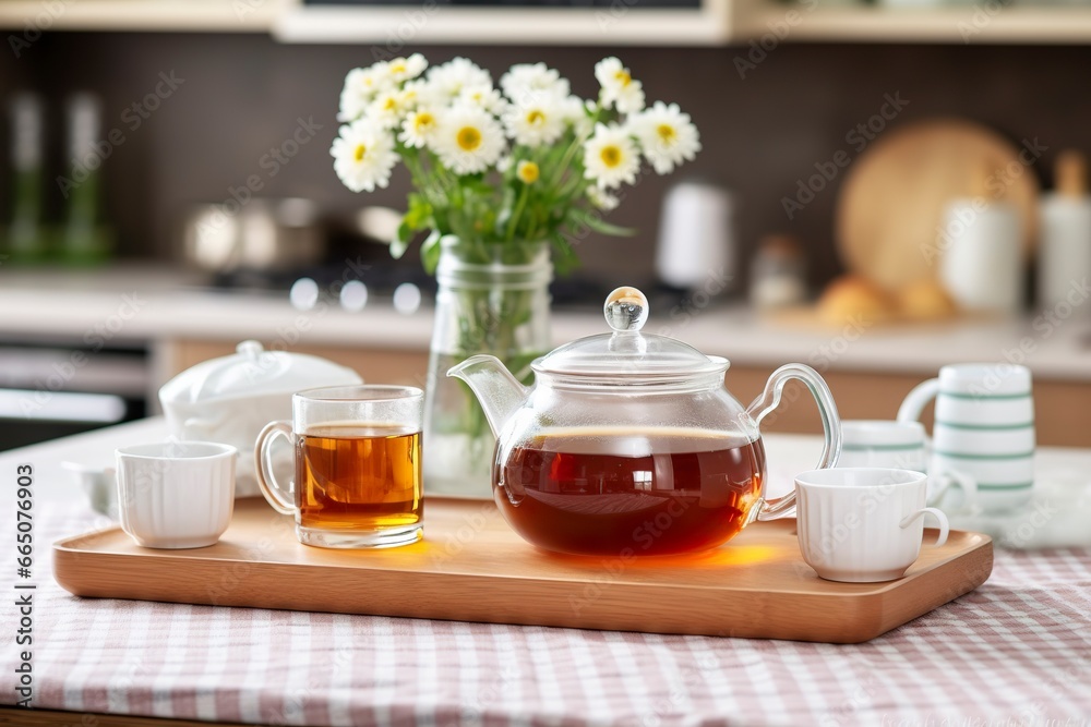 Wooden tray with teapot, cups of natural chamomile tea and flowers on table.