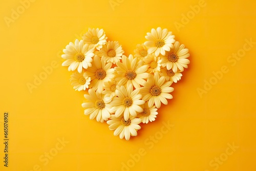 Yellow Heart Shaped By Yellow Daisies Over Yellow Background.