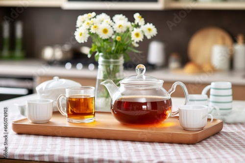 Wooden tray with teapot, cups of natural chamomile tea and flowers on table.