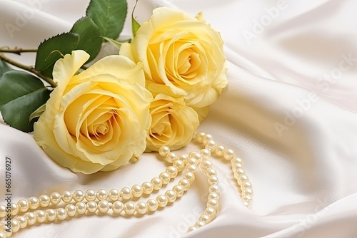 Yellow roses bouquet and pearls,in white background.