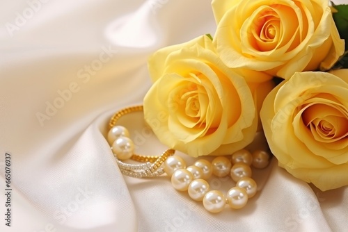 Yellow roses bouquet and pearls,in white background.