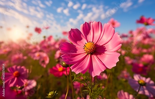 A cosmos flower face to sunrise in field.