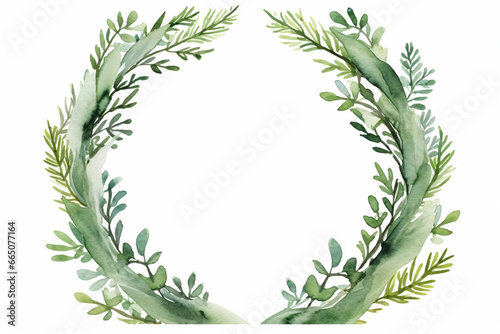 Watercolor Christmas Wreath Circle Round Banner with Fir  Mistletoe and Holy Berries and Pine Cones  Green Branches and Red Berries. Copy Space  Place for Text. Winter Autumn Wreath. Hand painted.