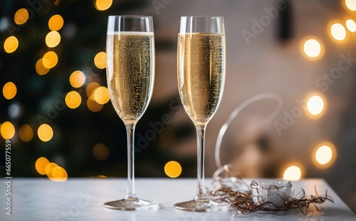 Glasses with champagne on the background of Christmas decorations.