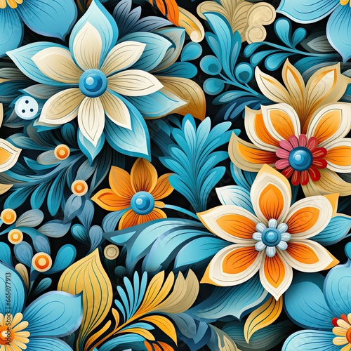 Exotic bright floral pattern illustration. Vibrant colors of various leaves and flowers background