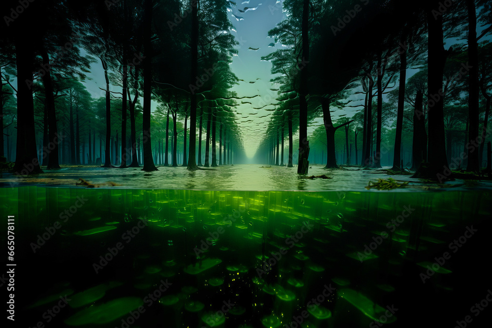 Obraz premium Surreal forest with floating trees and abstract river.