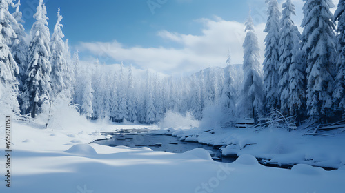 Snow covered trees and mountains in winter, natural scenery. Generative AI © JAEHEE