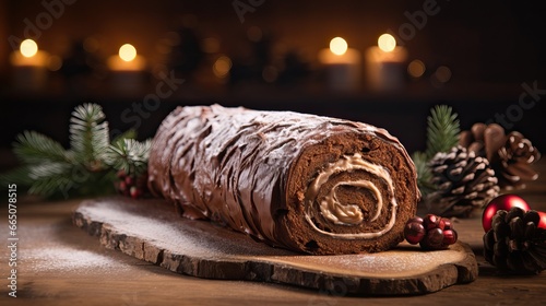Chocolate yule log christmas cake on wooden background. photo