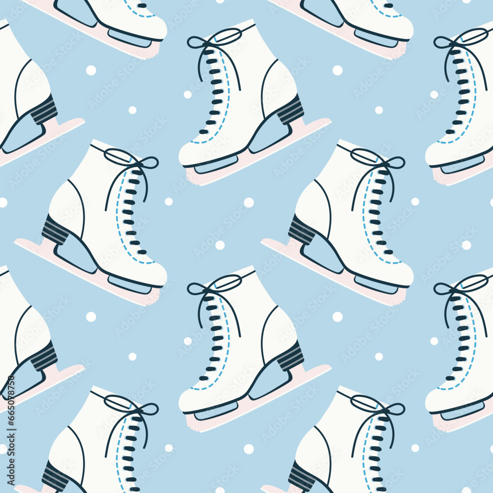 Cartoon vector pattern of white skates with snow on blue background.