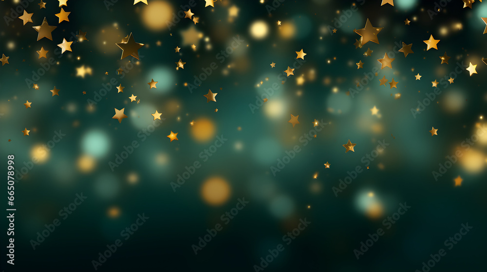 Shimmering Festive Greetings, Green Blurred Background with Delicate Gold Stars, Christmas and Valentine's Day Template